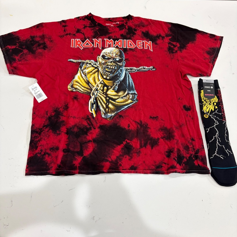 Iron Maiden Tie Dye T-Shirt XXL and Stance Crew Socks Large Set Red Black New